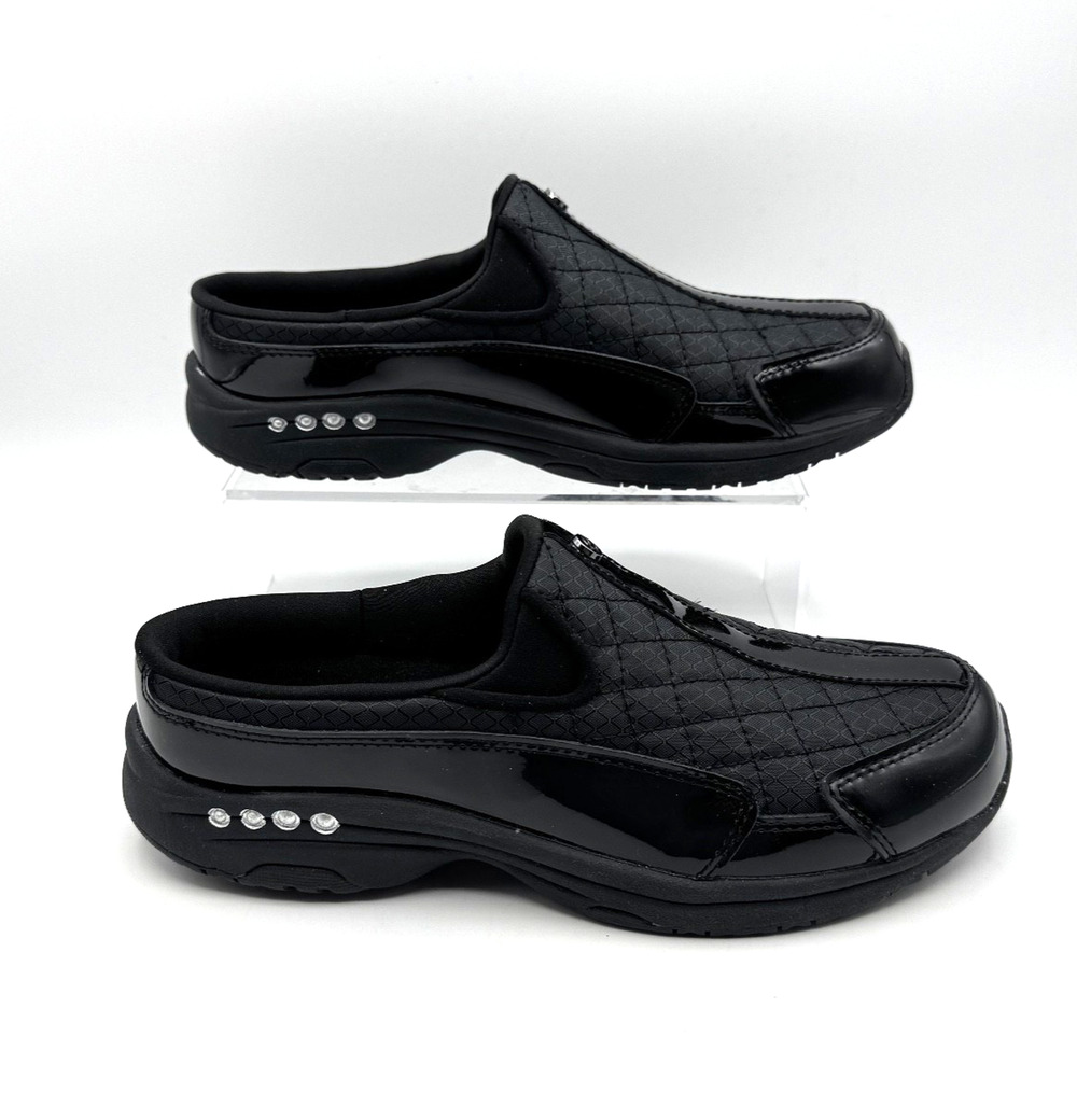 Easy Spirit Women's Black Travel Time Quilted Patent Slip On Clogs Size 7 NIB